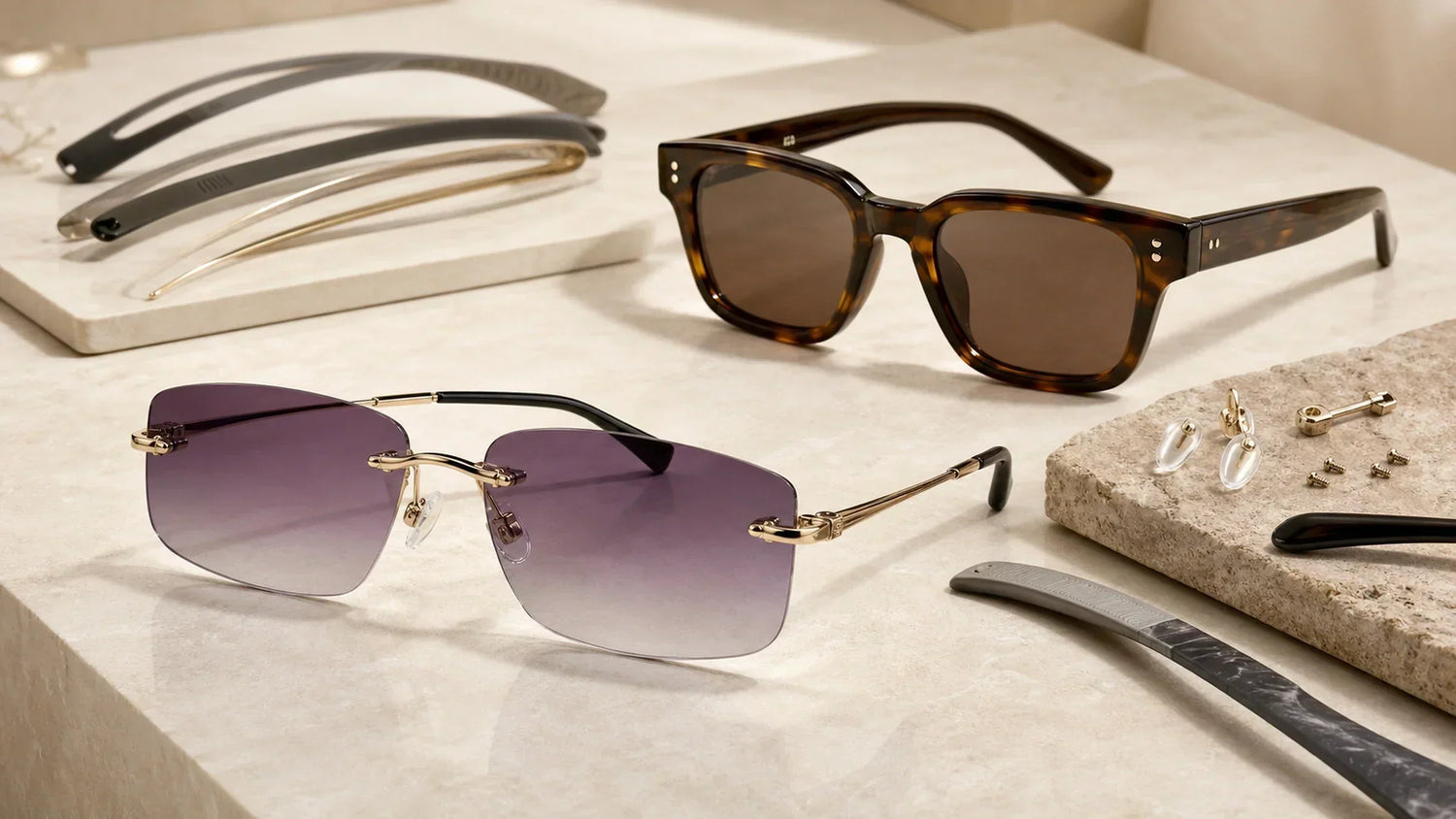 Sunglasses frame materials comparison showing slim metal rimless acetate and lightweight plastic frame options