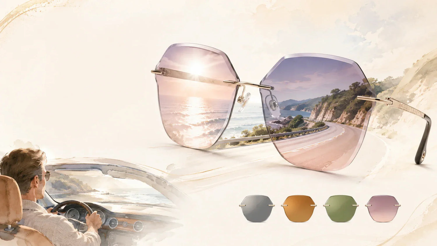 Rimless driving sunglasses filtering coastal road glare with lens color samples