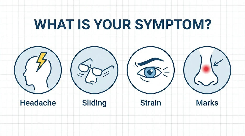A clean, medical-style "Symptom Checker" infographic. Icons representing "Headache", "Sliding", "Eye Strain", "Red Marks". Text overlay: "What is your symptom?"