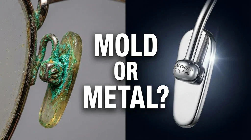 A macro close-up of an old, cheap pair of metal glasses