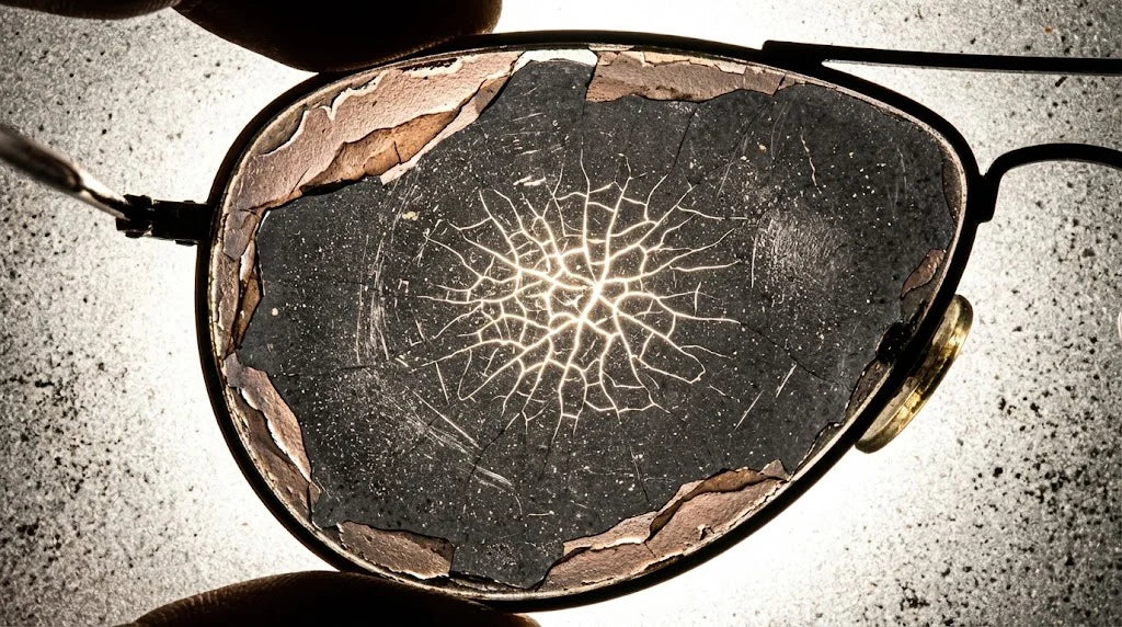 A macro photography shot of a damaged sunglass lens held against the light. The edge of the lens is peeling like sunburned skin (Delamination)