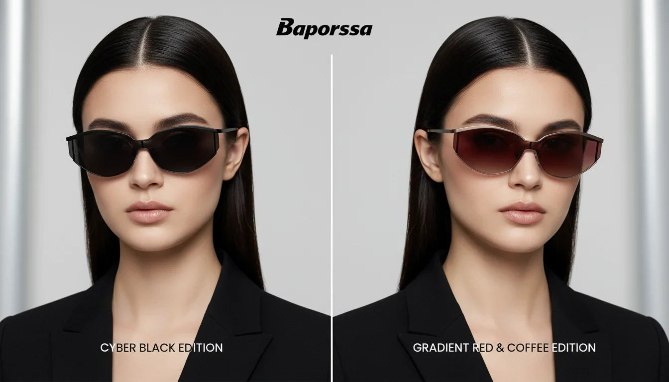 Two editions of Baporssa sunglasses, Cyber Black and Gradient Red & Coffee, modeled by a woman in a black blazer, highlighting their stylish and versatile design.