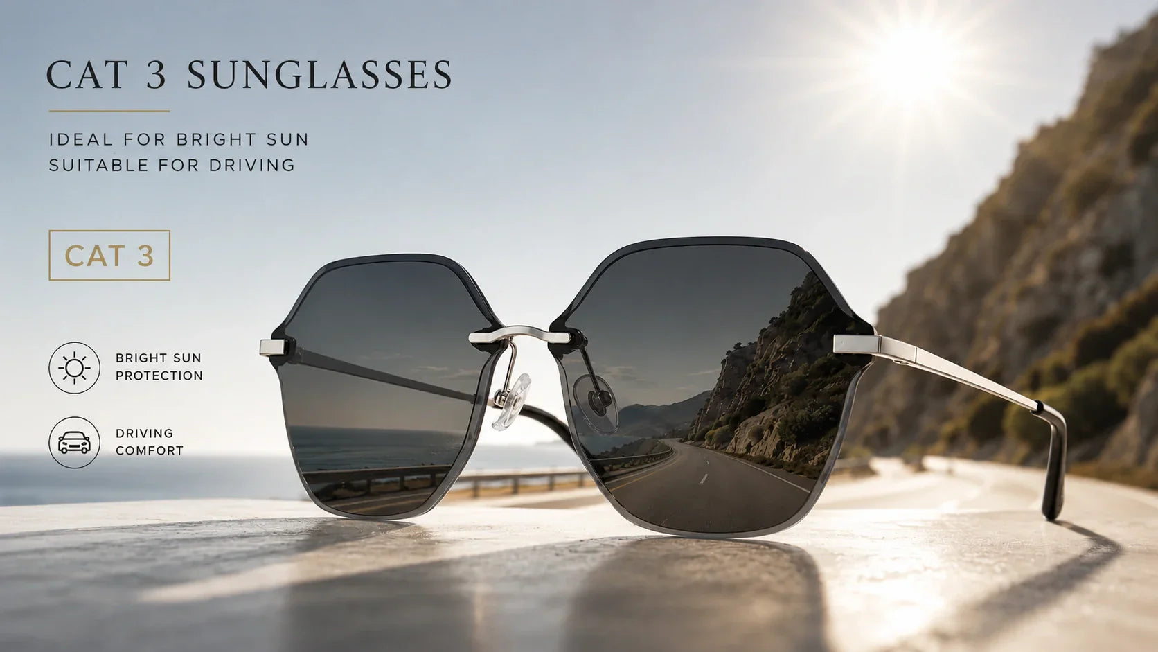 BAPORSSA Air rimless Category 3 sunglasses with dark lenses shown on a bright coastal road, highlighting sun protection and driving comfort.