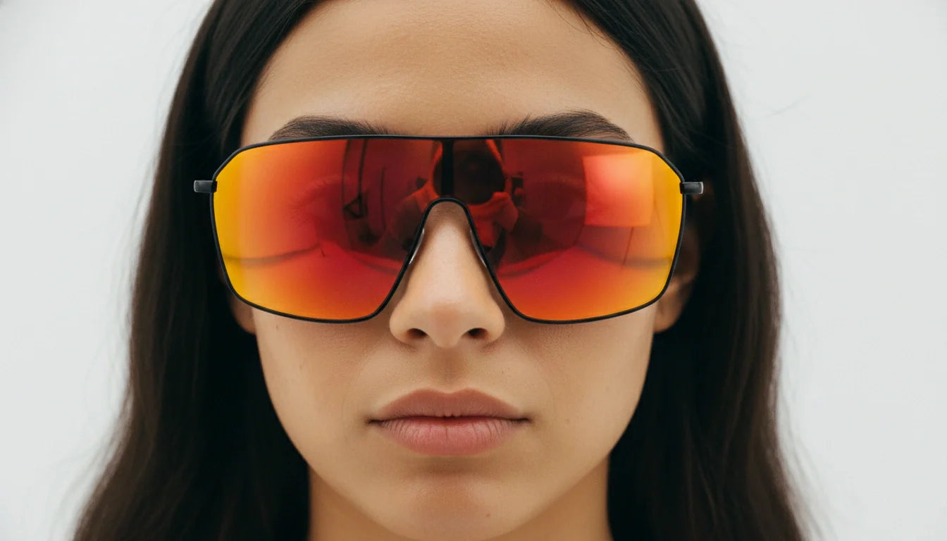 Close-Up of Woman Wearing Red Mirror Shield Sunglasses – Futuristic Fashion Eyewear