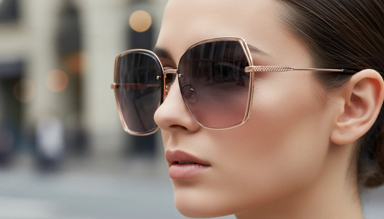 A close-up of detailed geometric sunglasses with a refined metal frame, emphasizing the design craftsmanship and its role in elevating urban chic style.