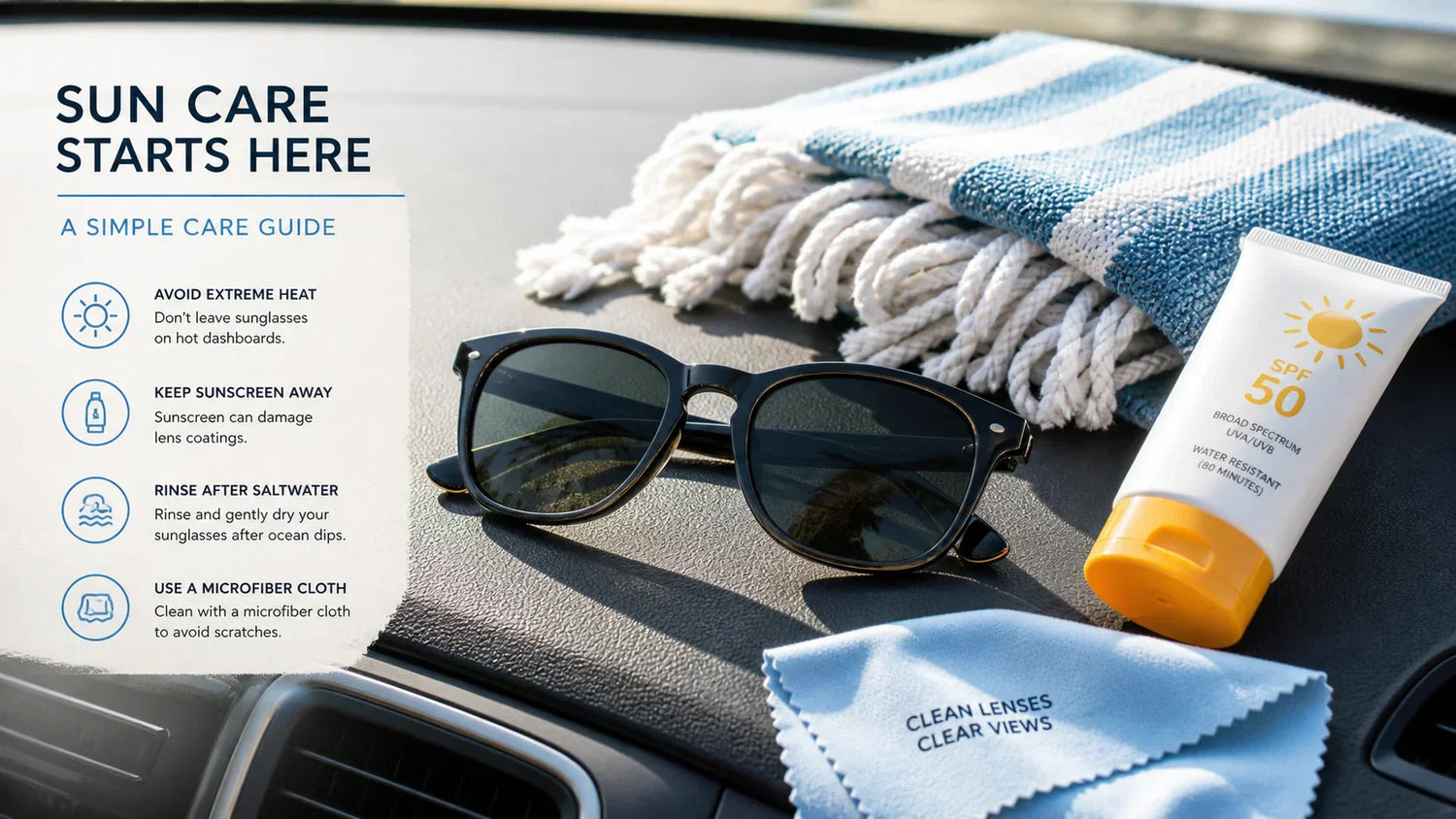 Sunglasses lens coating damage caused by heat sunscreen saltwater and rough cleaning