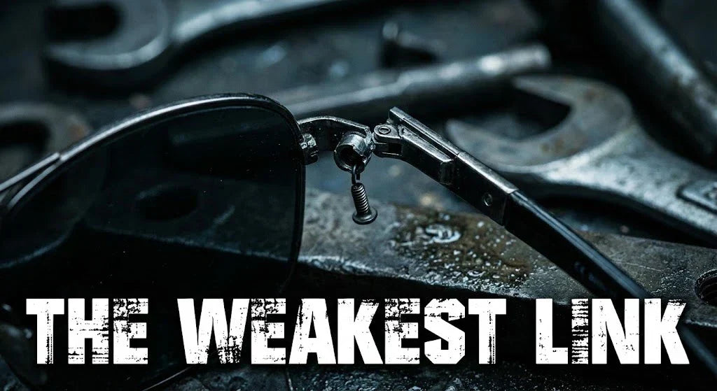 A dramatic close-up photography of a broken sunglass hinge. The metal barrel is snapped, and a tiny screw is hanging out loosely. The background is a dark, moody industrial surface.