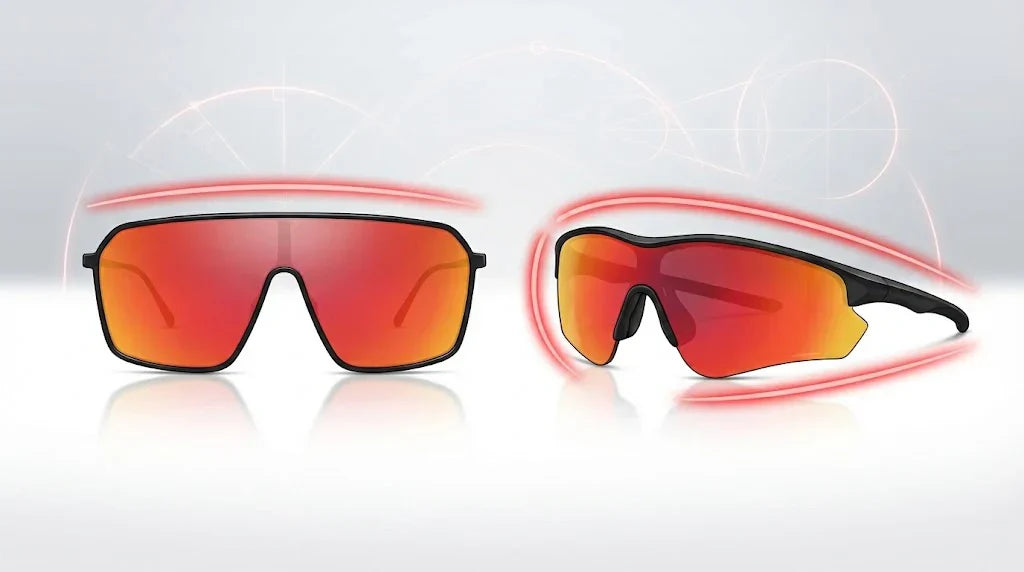 2025 red mirror sports sunglasses dual styles – oversized shield and half-rim cycling version with futuristic glow