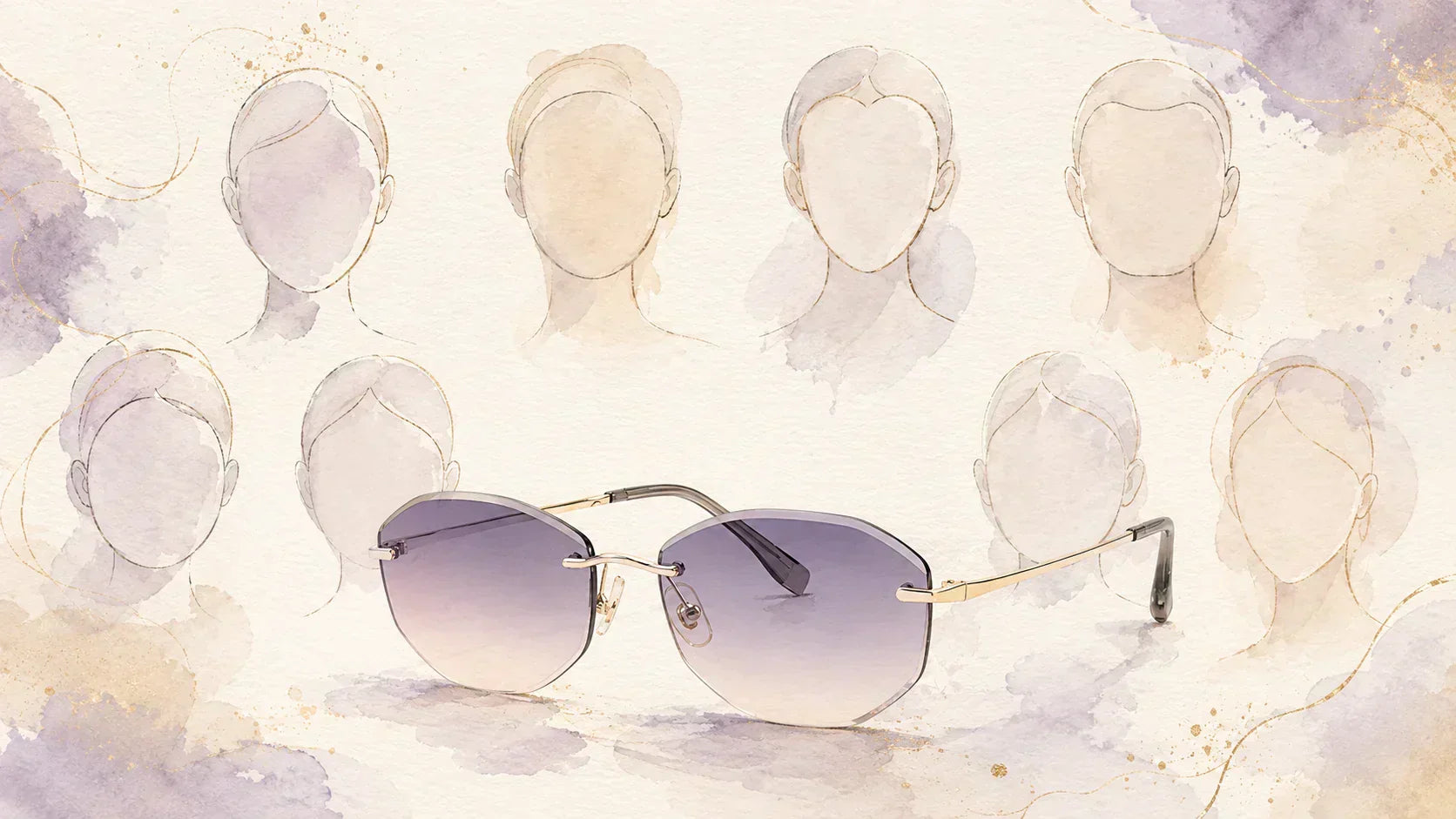 Rimless sunglasses face shape guide showing different face outlines and frame balance