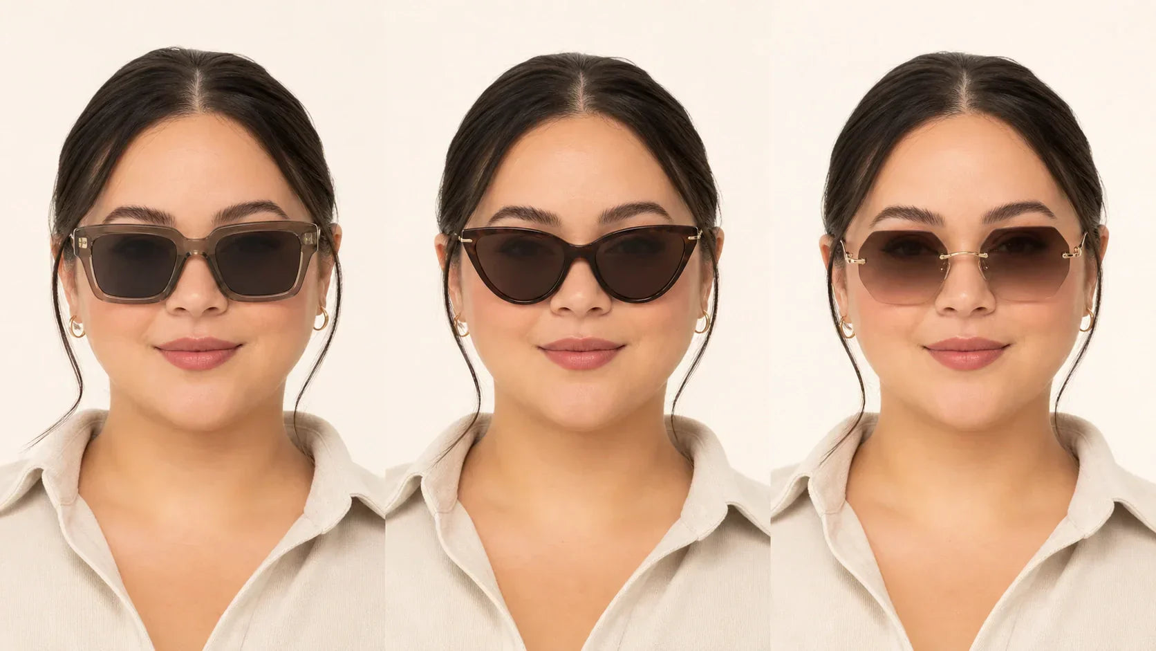 Best sunglasses for round faces showing square cat-eye angular and rimless frames that add definition and lift
