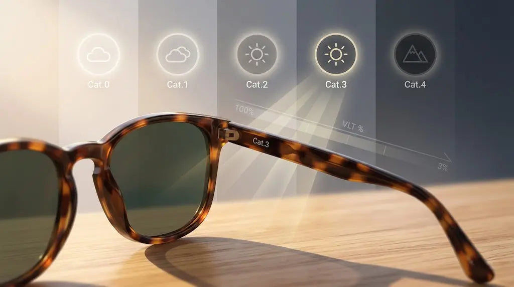 In the background, display a soft gradient or subtle icons representing lens categories 0 to 4 (from very light to very dark circles).