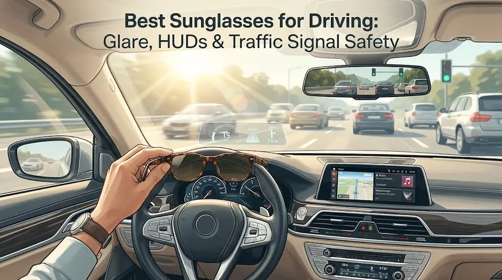 In the foreground, a hand is adjusting a pair of stylish driving sunglasses near the steering wheel.