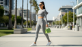 A woman wears stylish small-frame sunglasses with a gray athleisure set and a green handbag, walking in a modern urban park with palm trees, embodying trendy casual fashion.