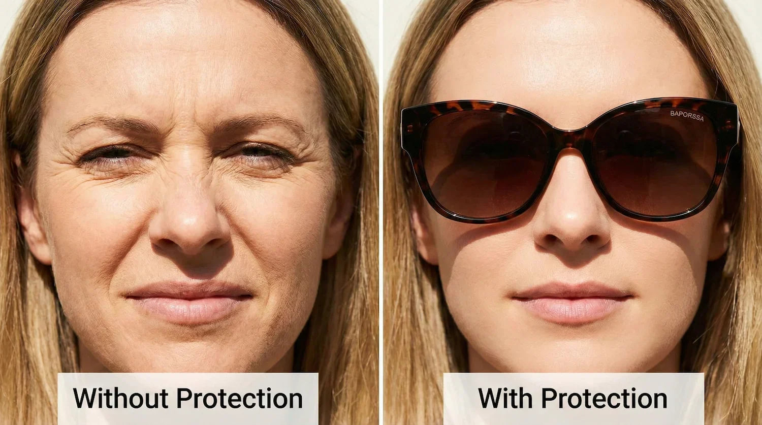 A woman squinted in the bright sunlight, highlighting the dynamic wrinkles at the corners of her eyes.