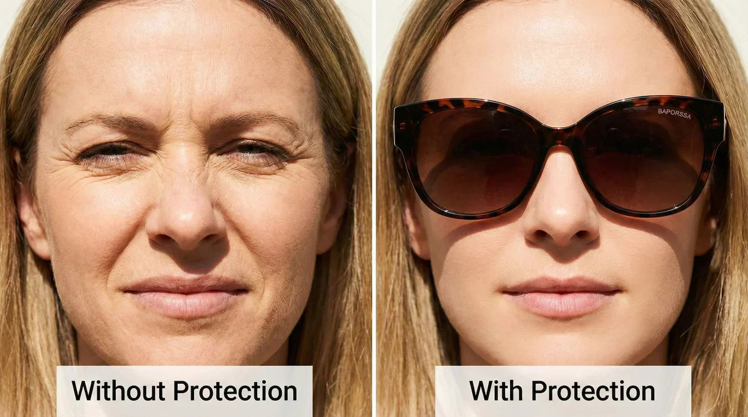 Woman wearing UV400 sunglasses in bright daylight for eye-area coverage and less squinting