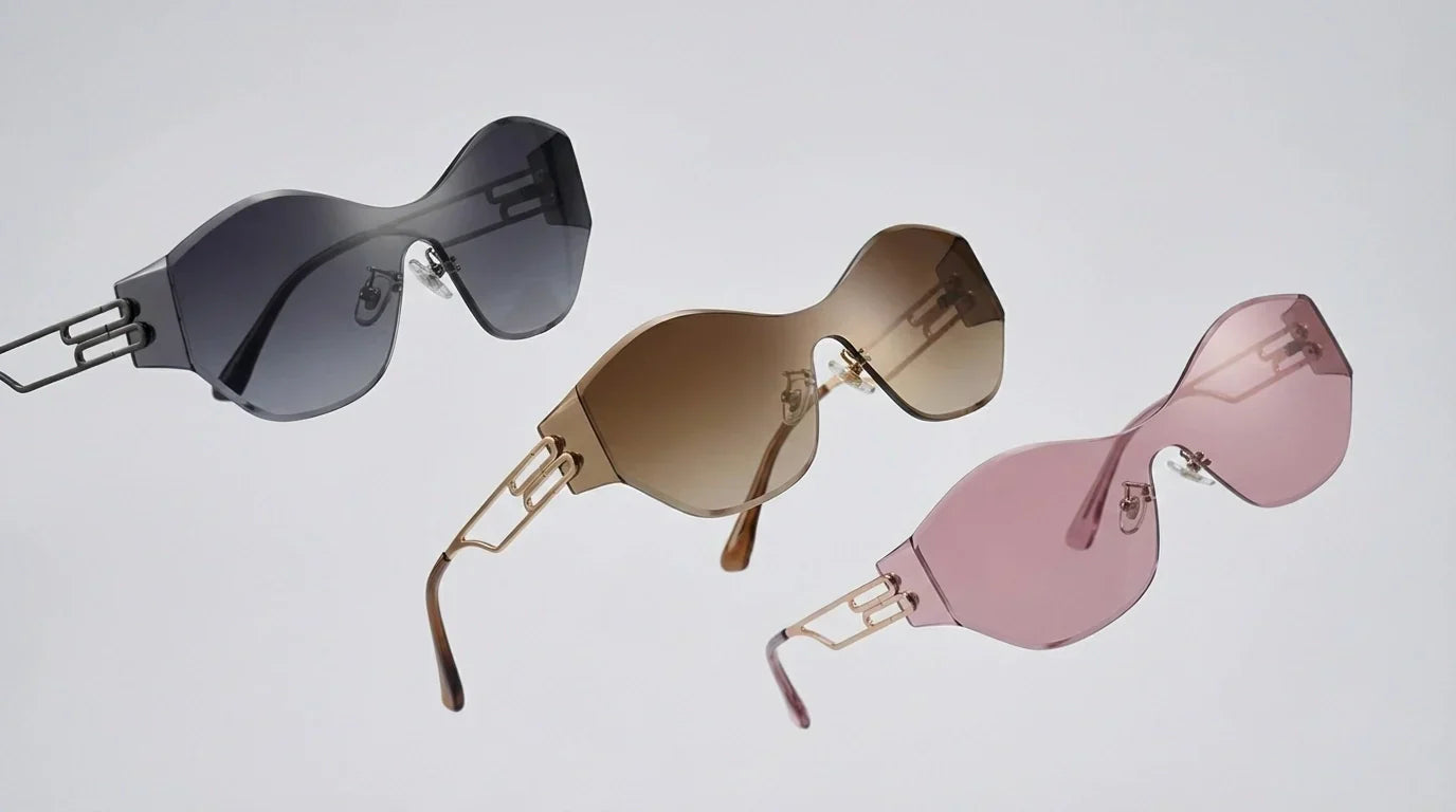 close-up shot of three distinct pairs of rimless sunglasses floating in mid-air against a clean, soft-grey background. The lenses are distinctly different colors: one deep grey, one rich bronze, and one soft rose pink.