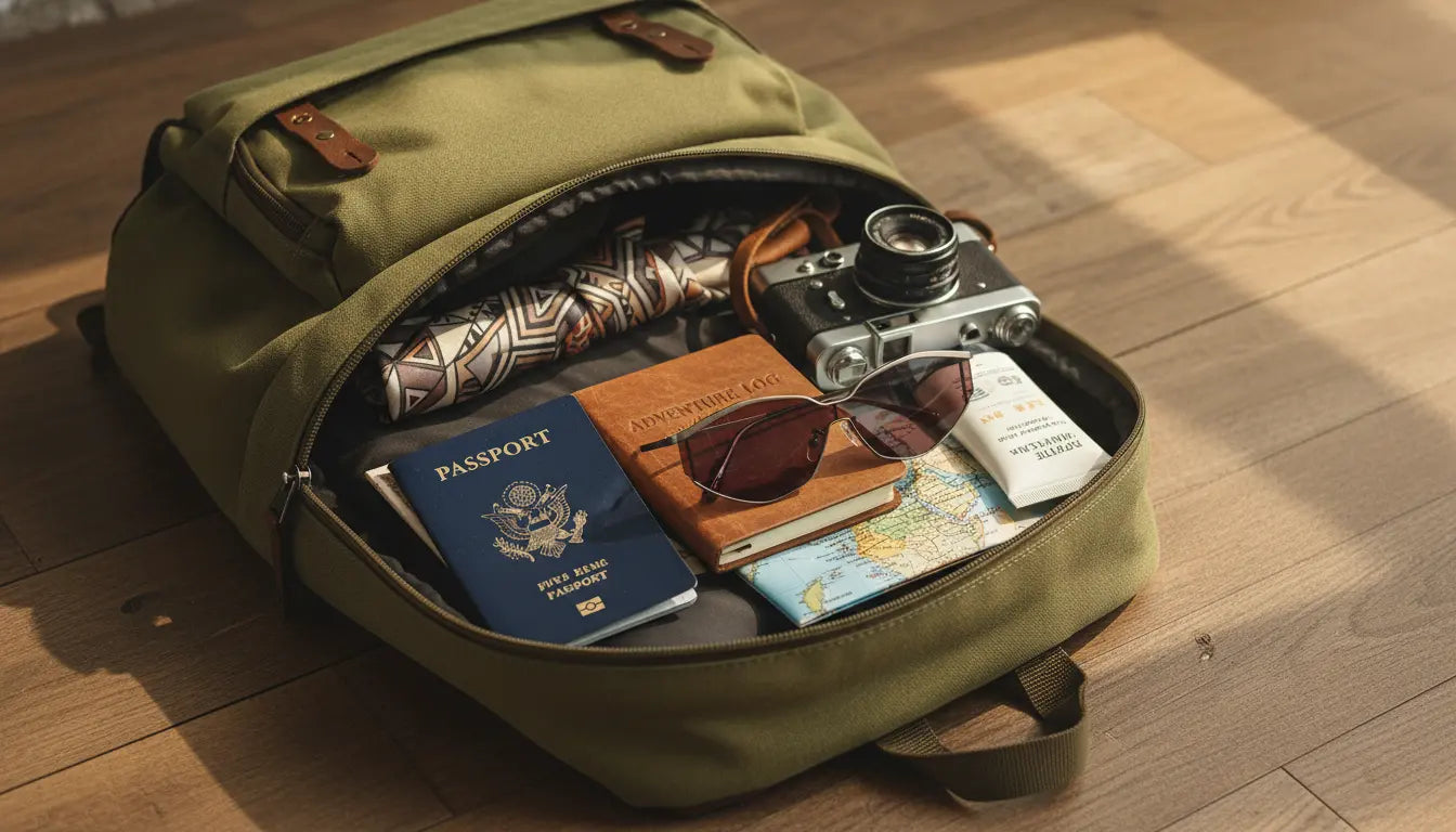 A green backpack (open) contains travel items: passport, adventure log, vintage camera, map, and stylish sunglasses—arranged on a wooden surface with warm sunlight.