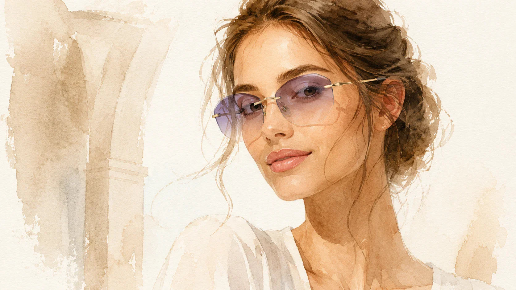 Woman wearing lightweight rimless sunglasses showing a clean open face and less frame visual effect