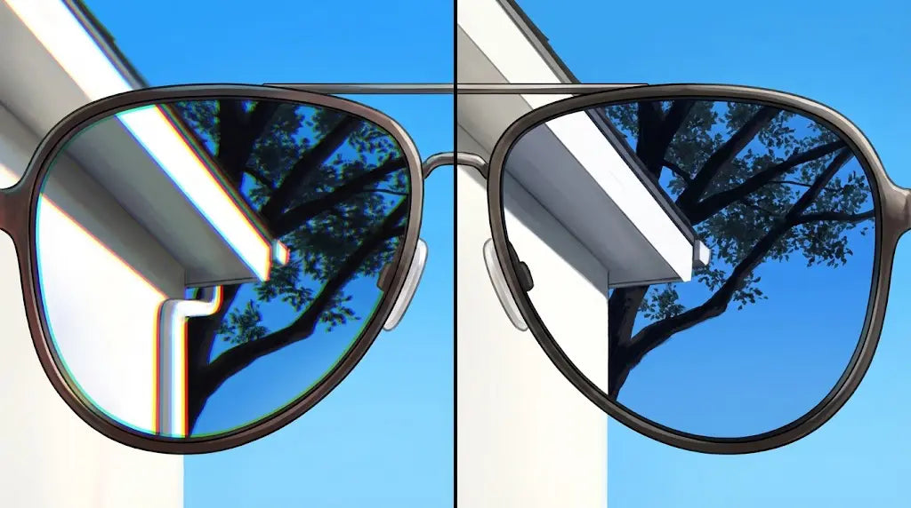 For comparison, show a second lens circle or a split view with the same scene rendered without color fringes to represent a high-Abbe lens.