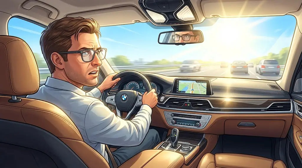 Show the inside of a modern car on a bright sunny day