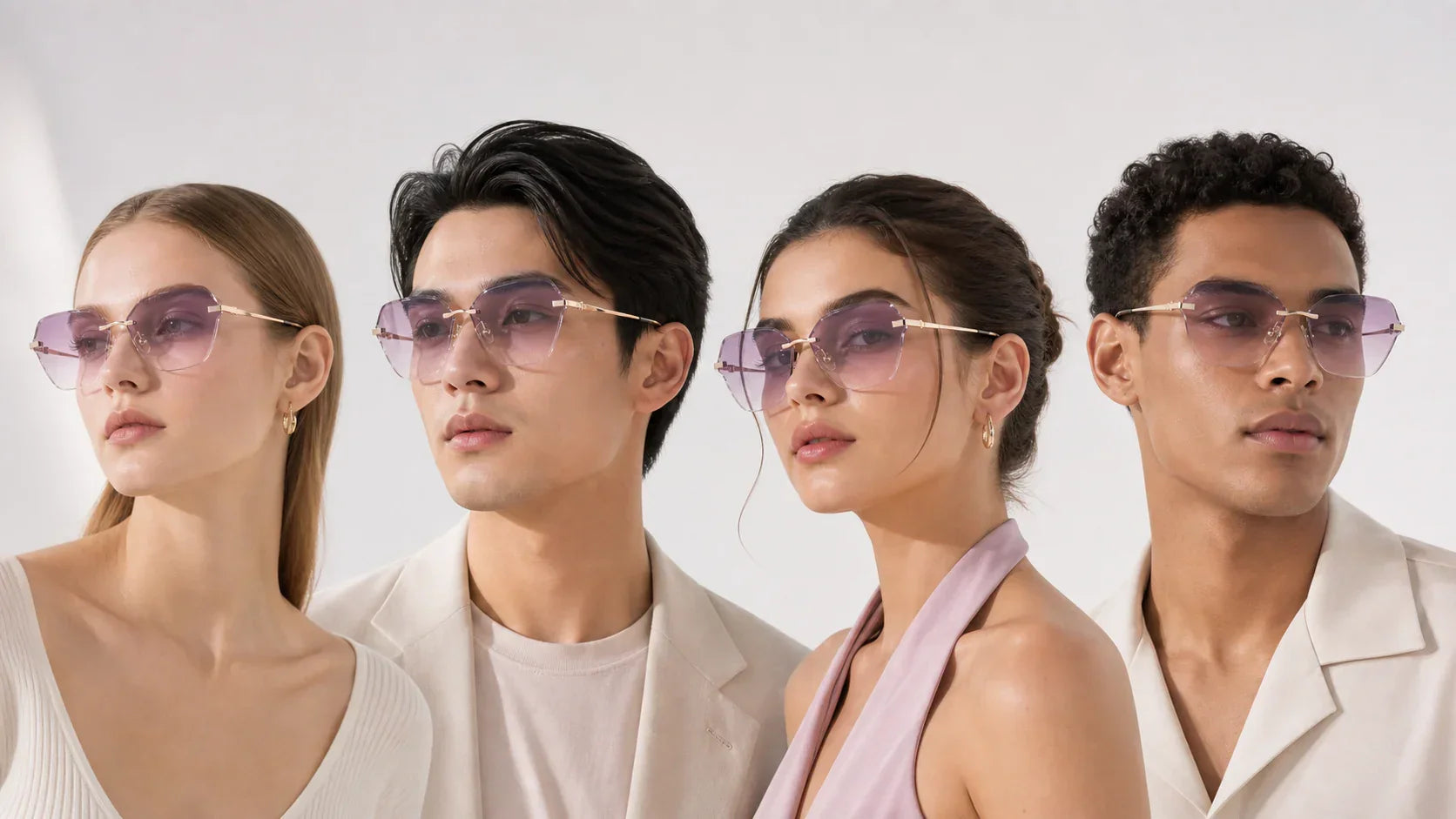 Different face shapes wearing pink purple rimless sunglasses for a cleaner lighter face fit