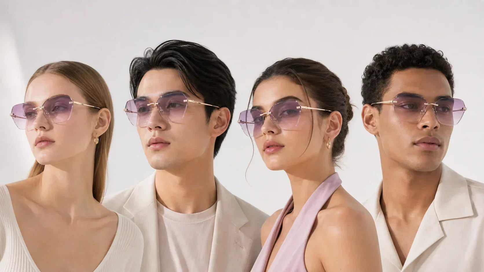 Different face shapes wearing lightweight rimless sunglasses for round oval small wide and long face fit