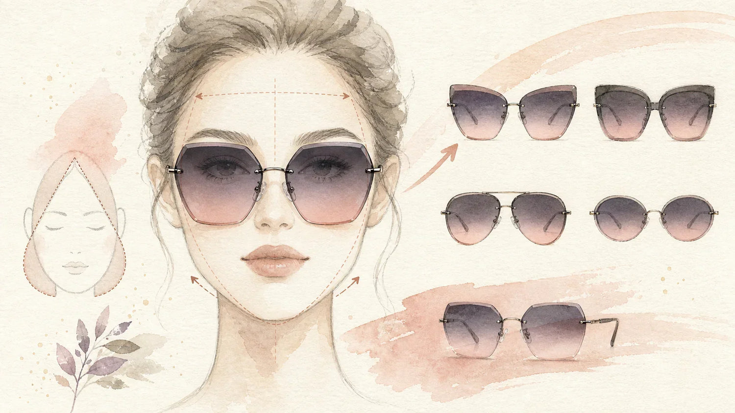 Watercolor guide showing sunglasses that balance triangle and pear face shapes with lift near the brow