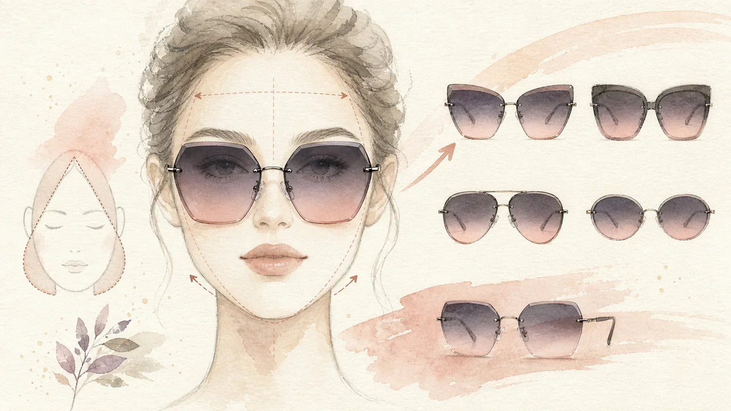 Watercolor guide showing sunglasses that balance triangle and pear face shapes with lift near the brow