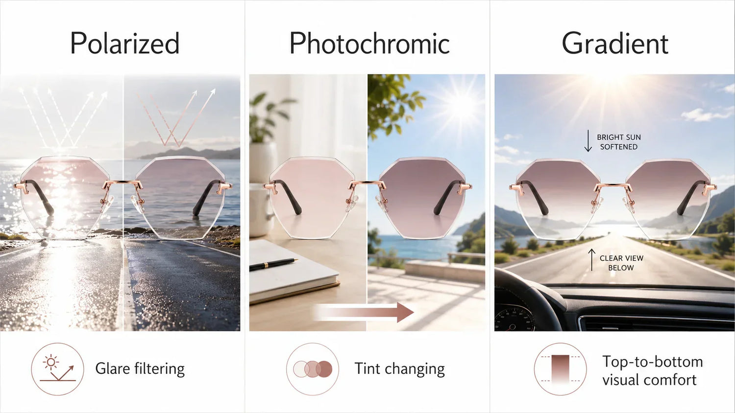 Photochromic, polarized, and gradient sunglasses compared for glare control, changing light, and daily wear