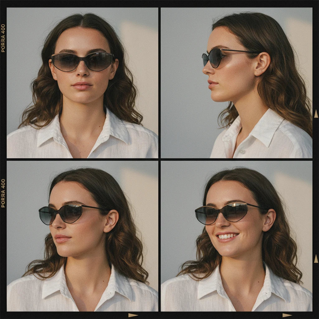 2025 Black Cat-Eye Sunglasses for Women - Retro Small Face Slimming Sunglasses, Model Multi-Angle Real Shots 4-Grid