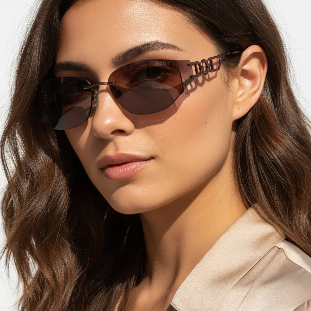 Close side view of model wearing Y2K rimless wine red sunglasses with visible DO letter temple