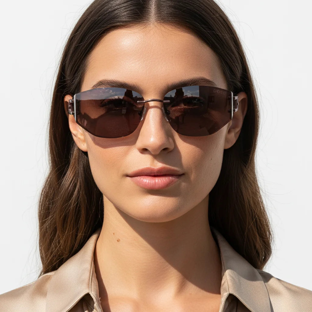 Model with long brown hair wearing Y2K rimless wine red DO letter sunglasses, front view face-slimming effect