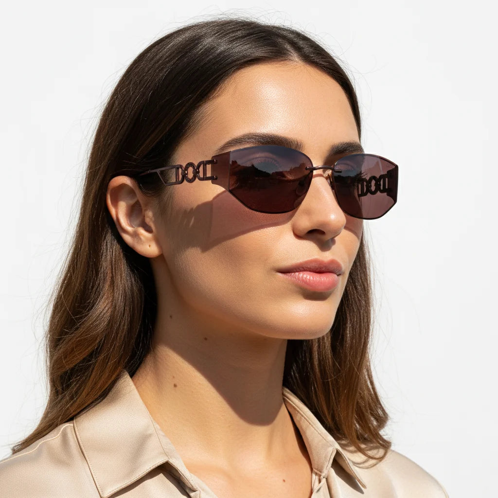 Side profile of model wearing DO crystal rimless wine red futuristic sunglasses