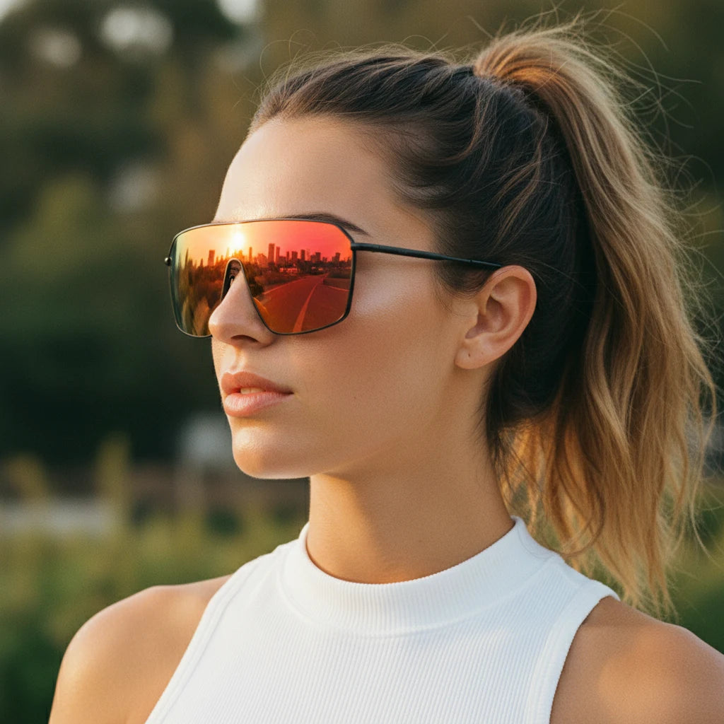 Woman wearing reflective sunglasses with a blurred natural background