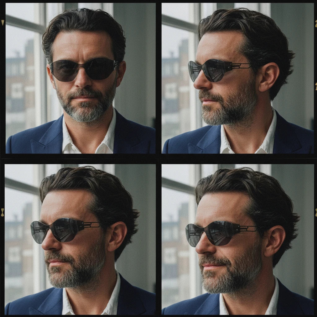 2025 Men’s Rimless Cat-Eye Sunglasses - Mature Business Gentleman in Navy Suit, 4-Grid Multi-Angle Try-On, City Window Background