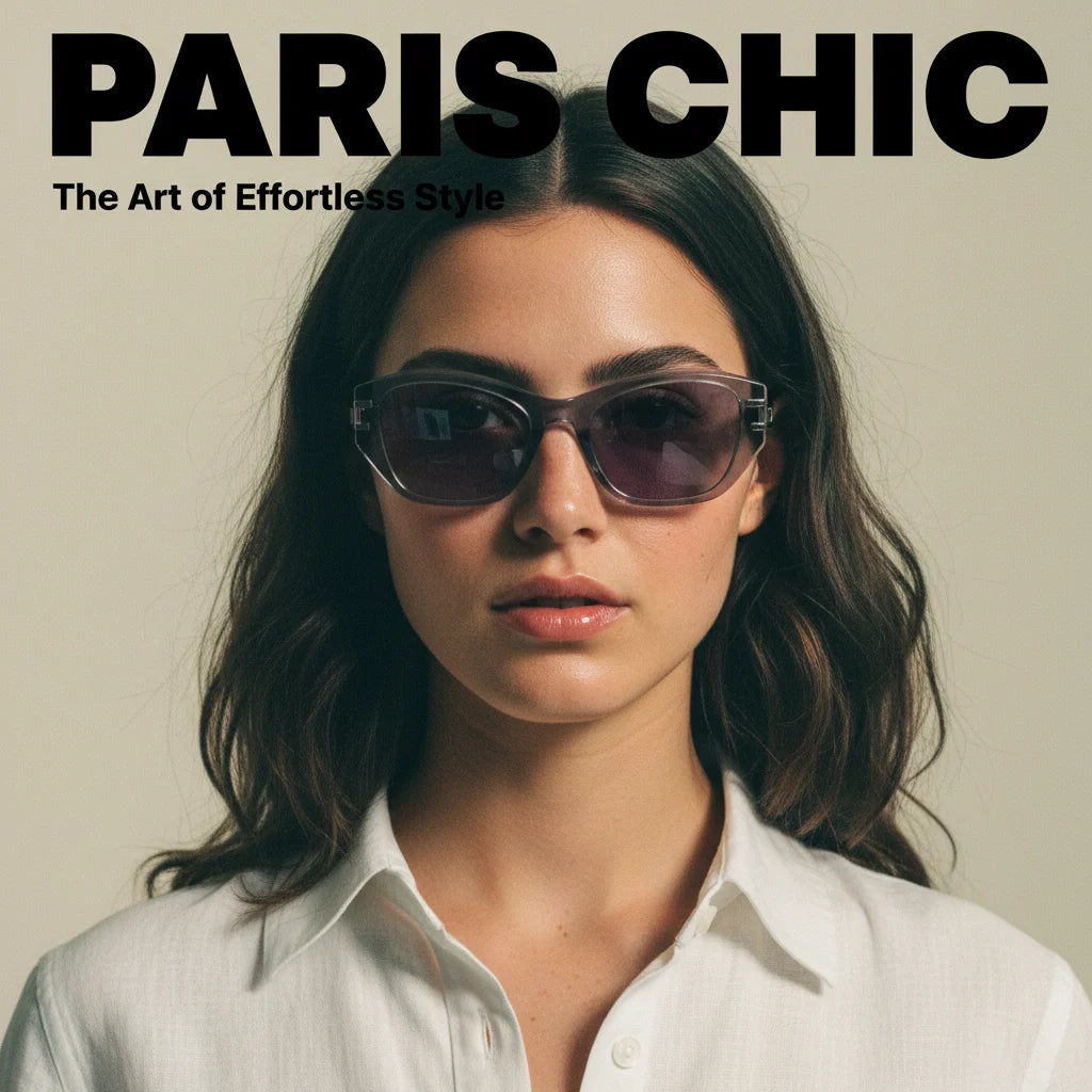 Model in Vogue Paris style wearing black cat-eye sunglasses with gold Greek key design