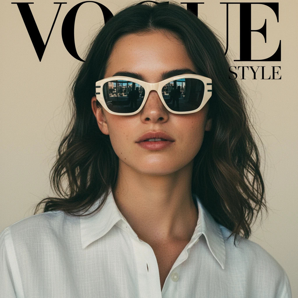 Model in Vogue Paris style wearing black cat-eye sunglasses with gold Greek key design