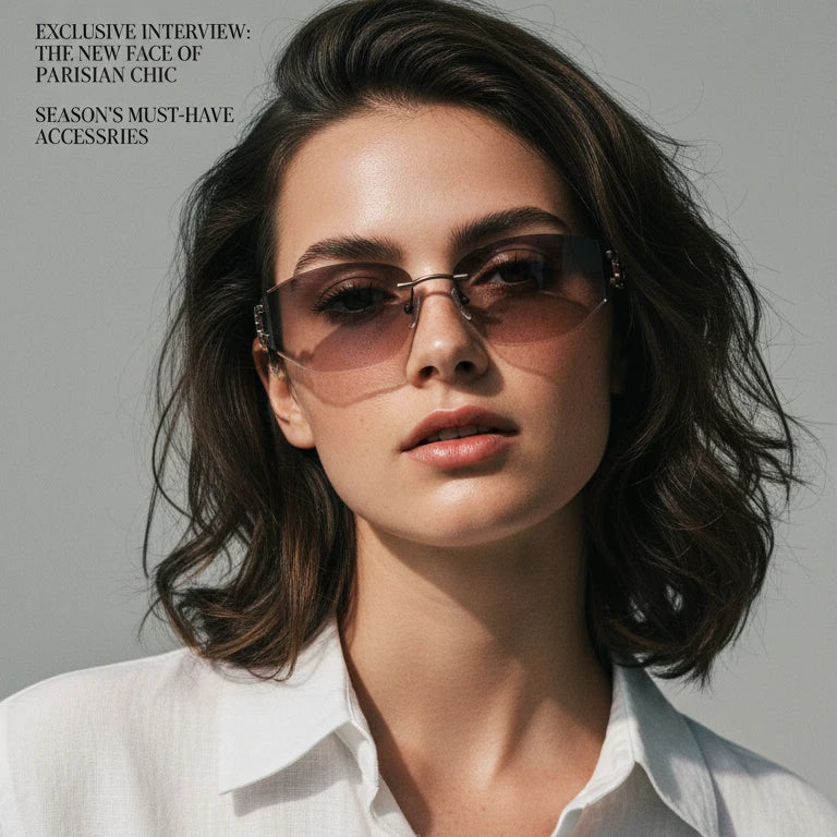 Model with long brown hair wearing Y2K rimless wine red DO letter sunglasses, front view face-slimming effect