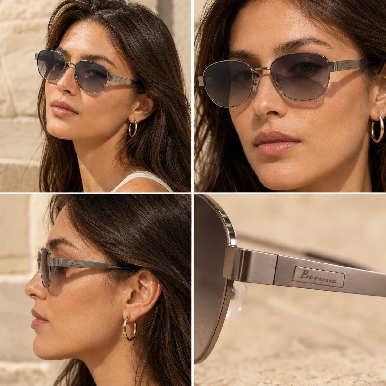 Four-angle detail collage of BAPORSSA Aurelia gunmetal sunglasses showing female fit, side profile, lens shape, and temple logo detail