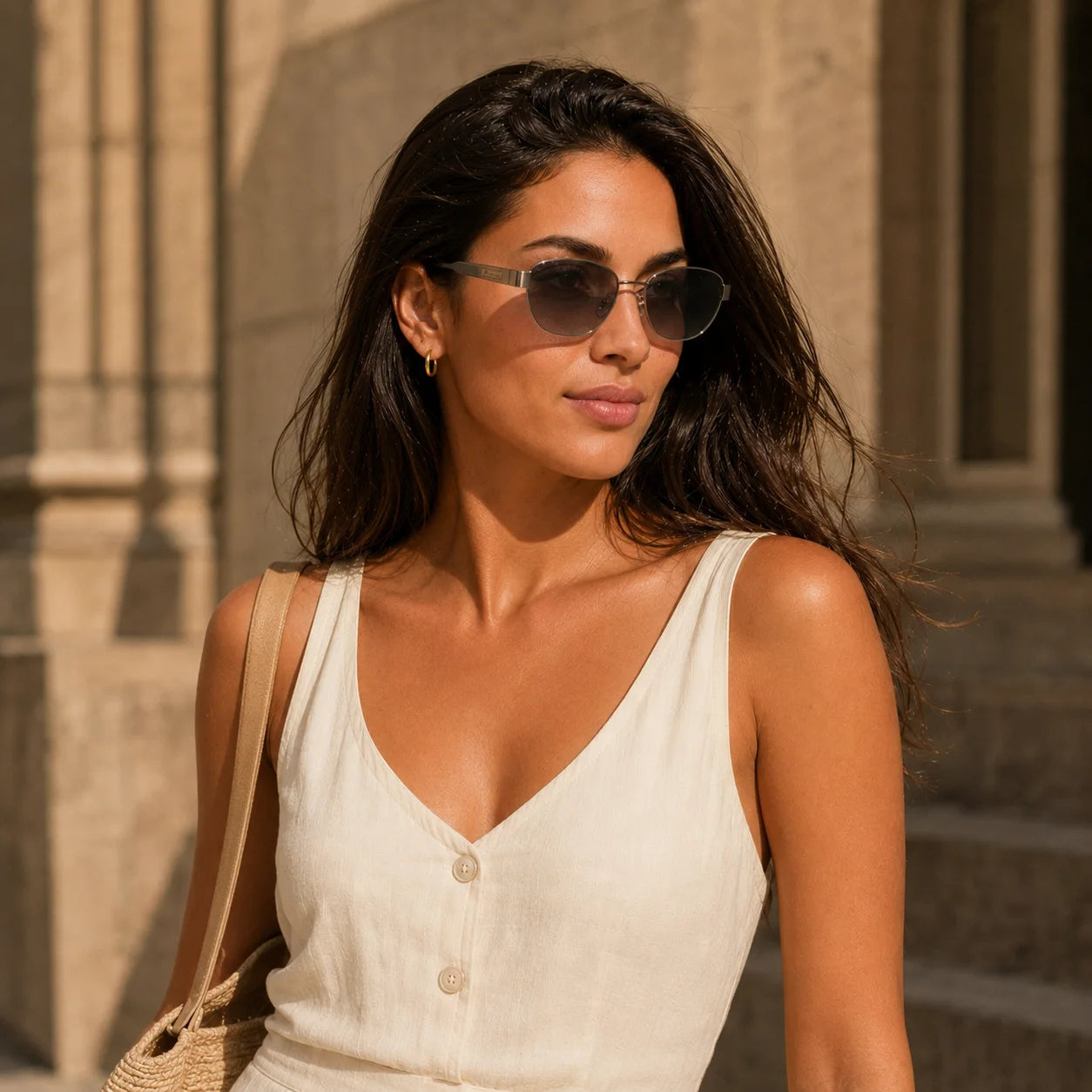 Woman wearing BAPORSSA Aurelia gunmetal sunglasses with smoke gradient lenses in a warm city lifestyle setting
