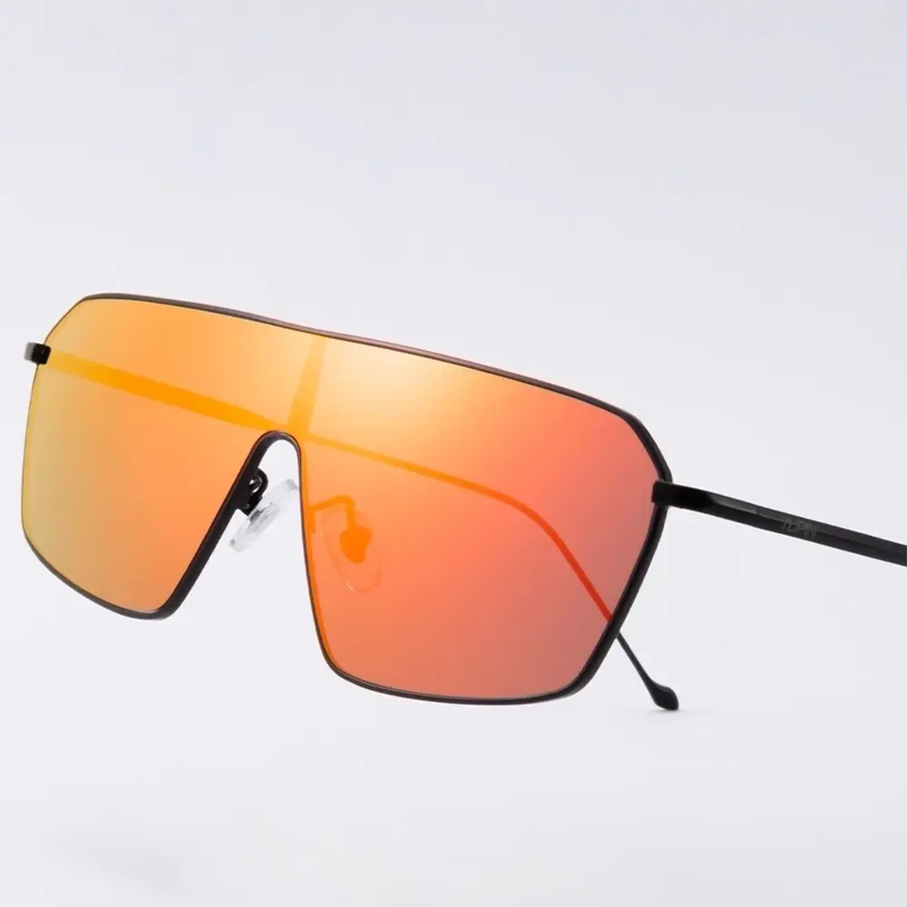 Multiple views of oversized, shield-style sunglasses with vibrant orange mirrored lenses and a sleek black metal frame.