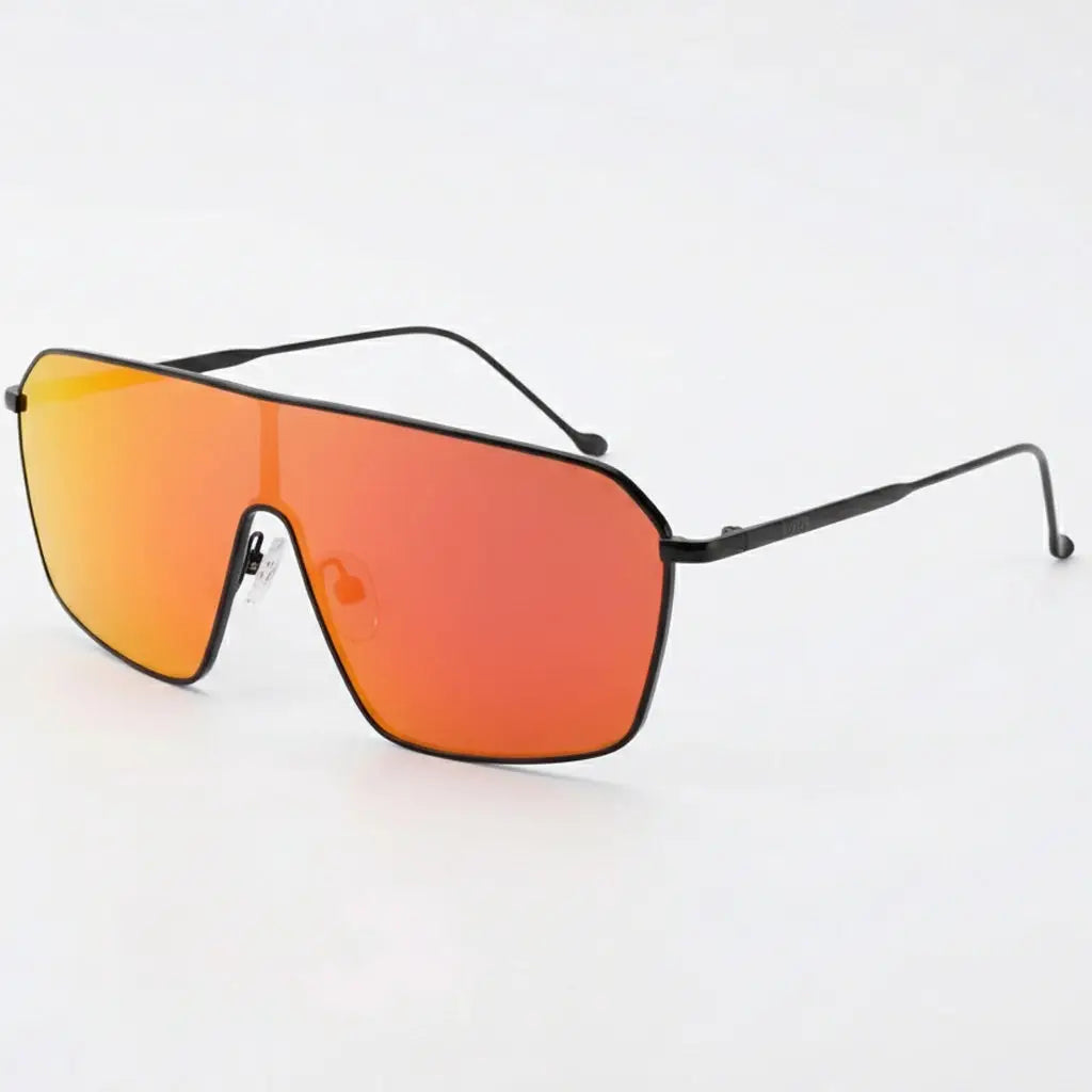 Multiple views of oversized, shield-style sunglasses with vibrant orange mirrored lenses and a sleek black metal frame.
