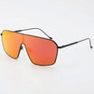 Multiple views of oversized, shield-style sunglasses with vibrant orange mirrored lenses and a sleek black metal frame.