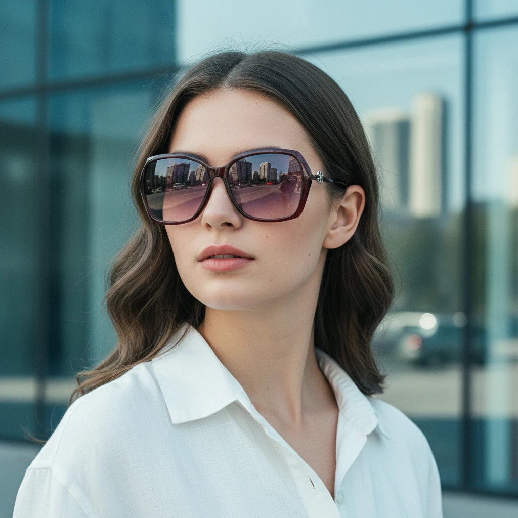 Woman wearing sunglasses with a blurred cityscape background