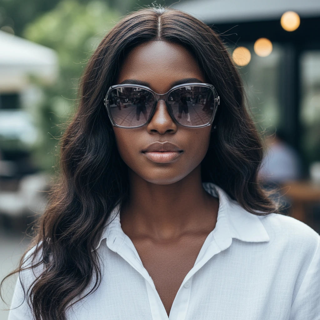 Woman wearing sunglasses and a white shirt outdoors