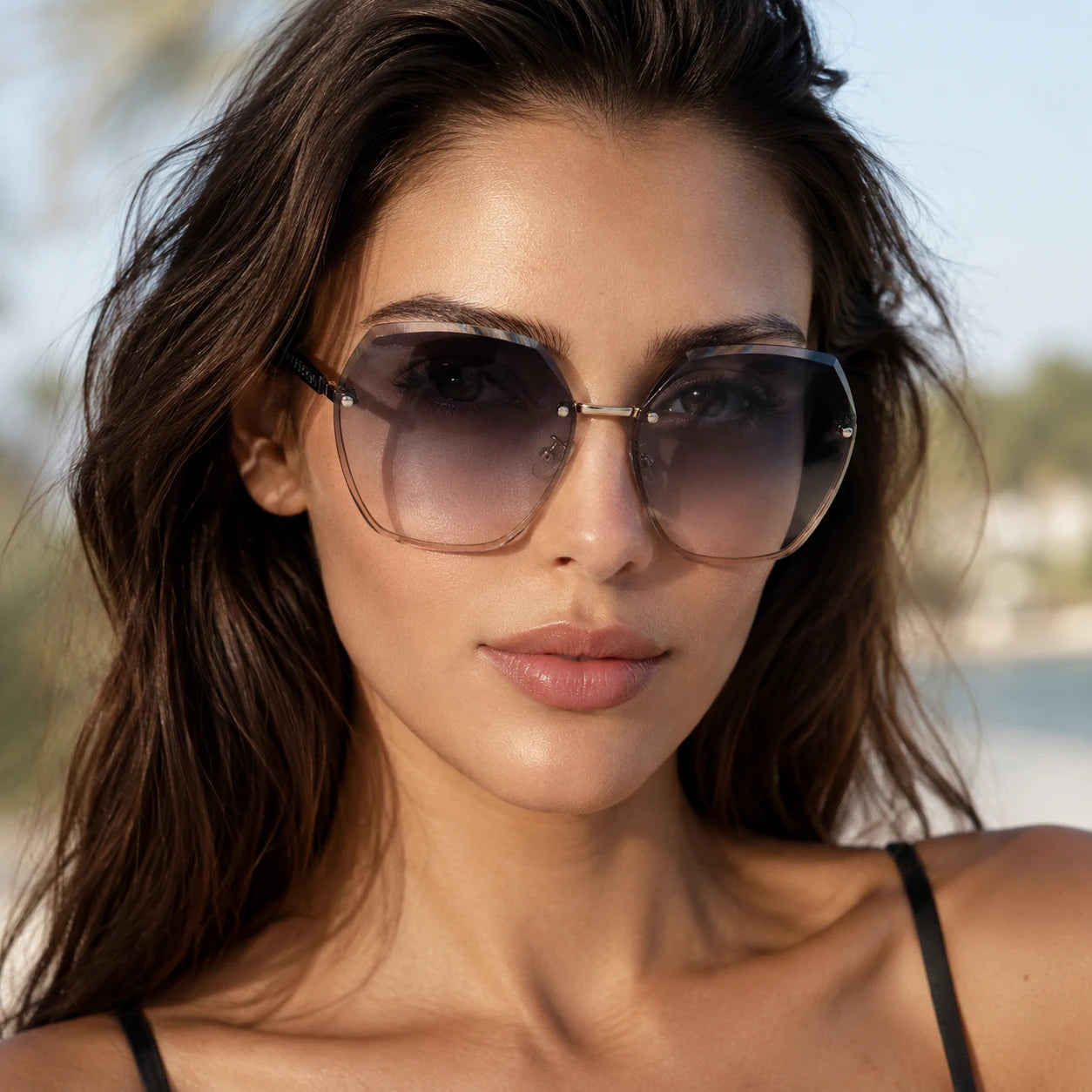 Close-up portrait of a female model wearing BAPORSSA Contour rimless sunglasses with oversized gradient lenses outdoors