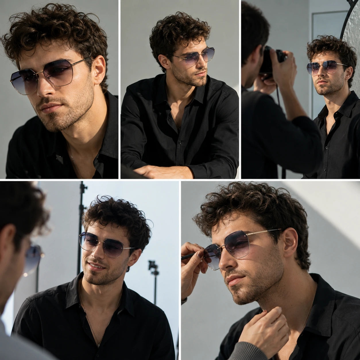 Behind-the-scenes collage of a male model wearing BAPORSSA Contour rimless sunglasses in a studio portrait session
