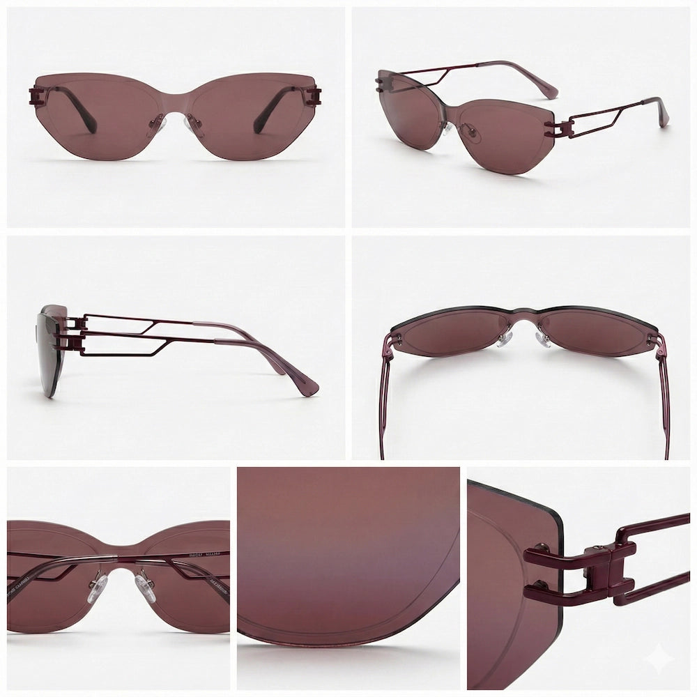 Collage of maroon sunglasses from different angles on a white background