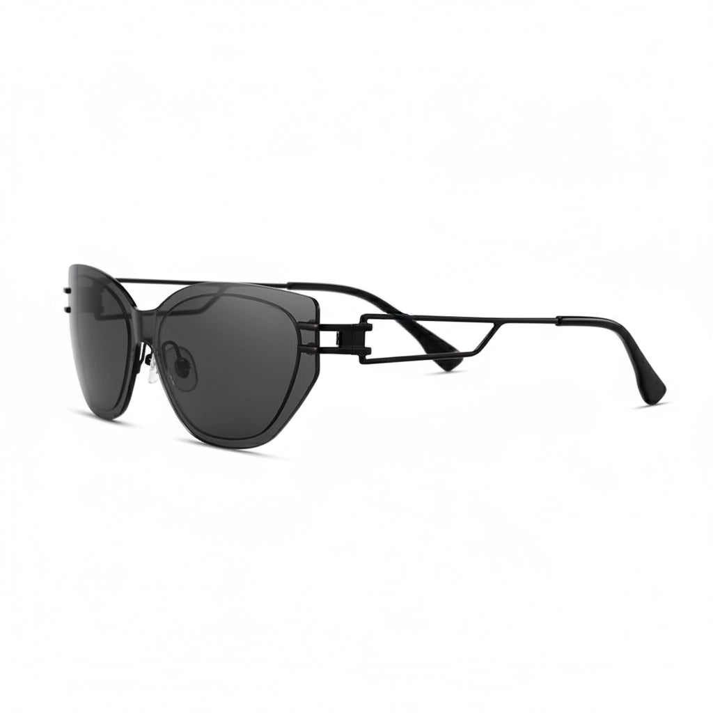 Black sunglasses with a thin frame on a white background