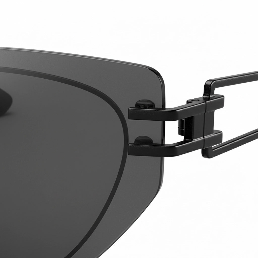 Close-up of a black sunglasses with a white background